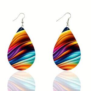 NEW Colorful Abstract Teardrop Wood Wooden Earrings